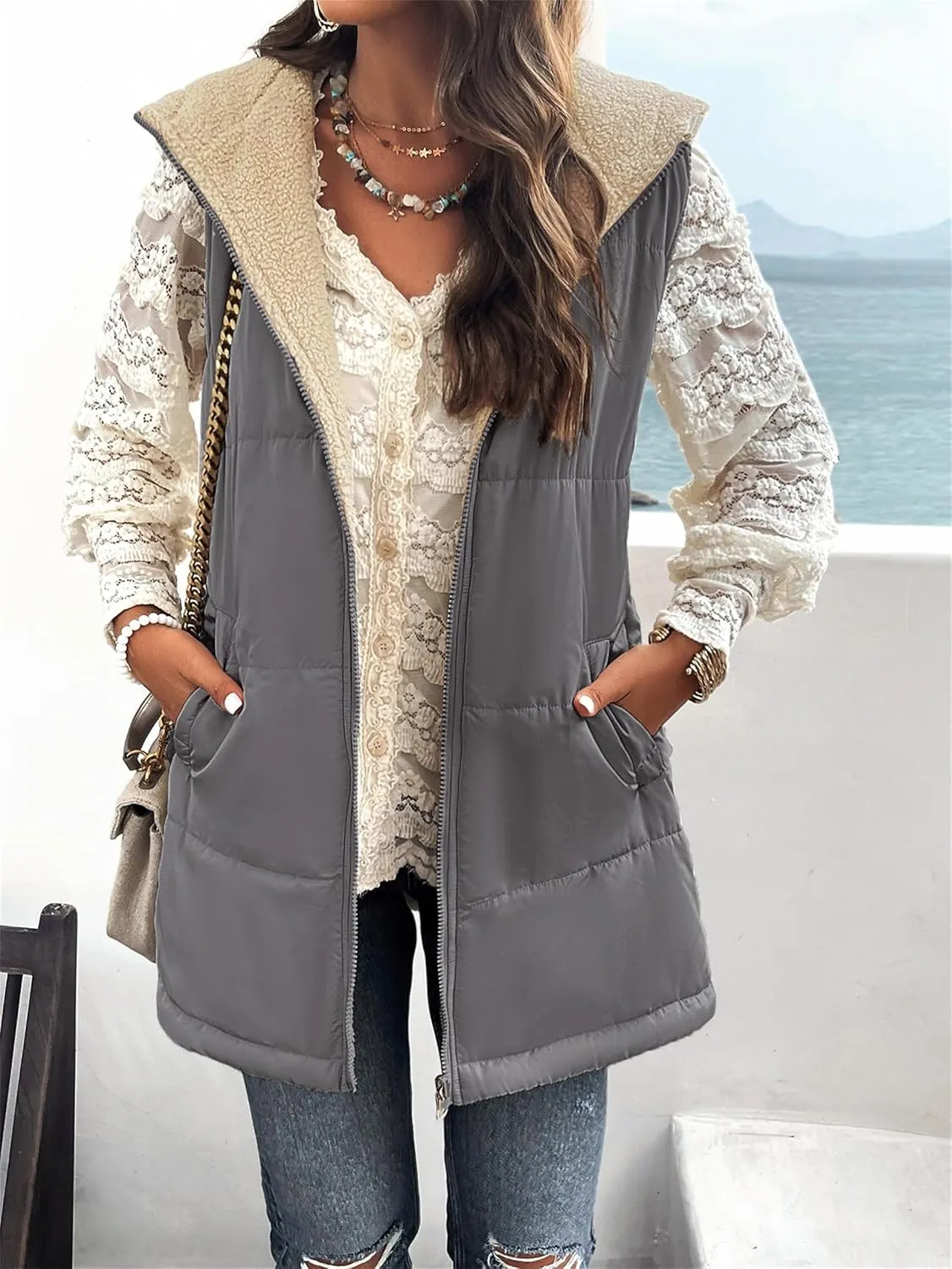 Womens Long Vest Zip Up Hoodie Pockets Long Warm Winter Coat Outerwear Womens Fall Vests Winter Coat