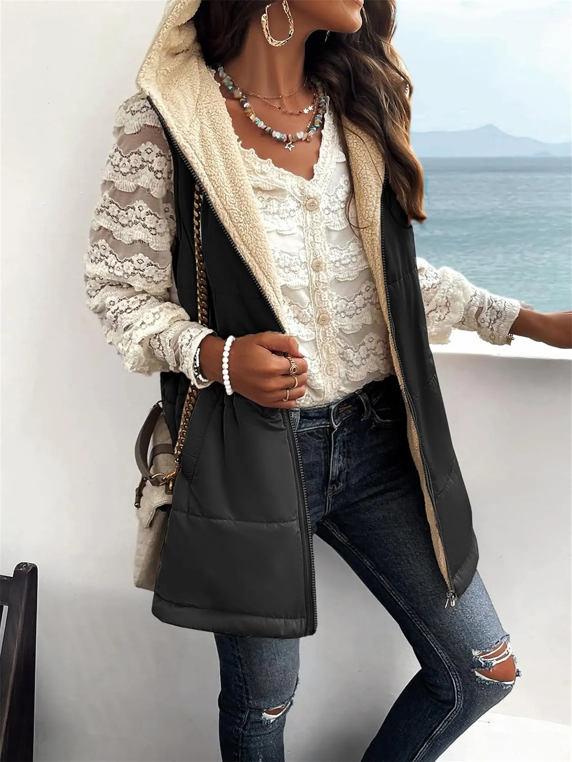 Womens Long Vest Zip Up Hoodie Pockets Long Warm Winter Coat Outerwear Womens Fall Vests Winter Coat