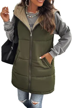 Womens Long Vest Zip Up Hoodie Pockets Long Warm Winter Coat Outerwear Womens Fall Vests Winter Coat