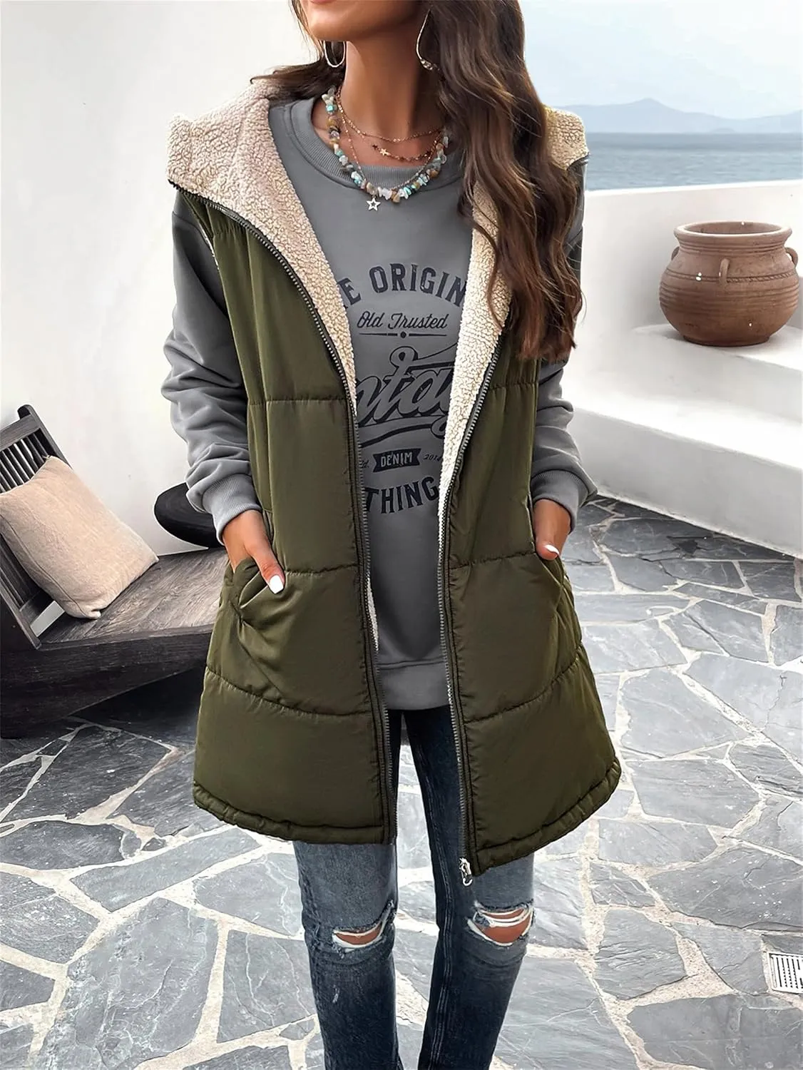 Womens Long Vest Zip Up Hoodie Pockets Long Warm Winter Coat Outerwear Womens Fall Vests Winter Coat