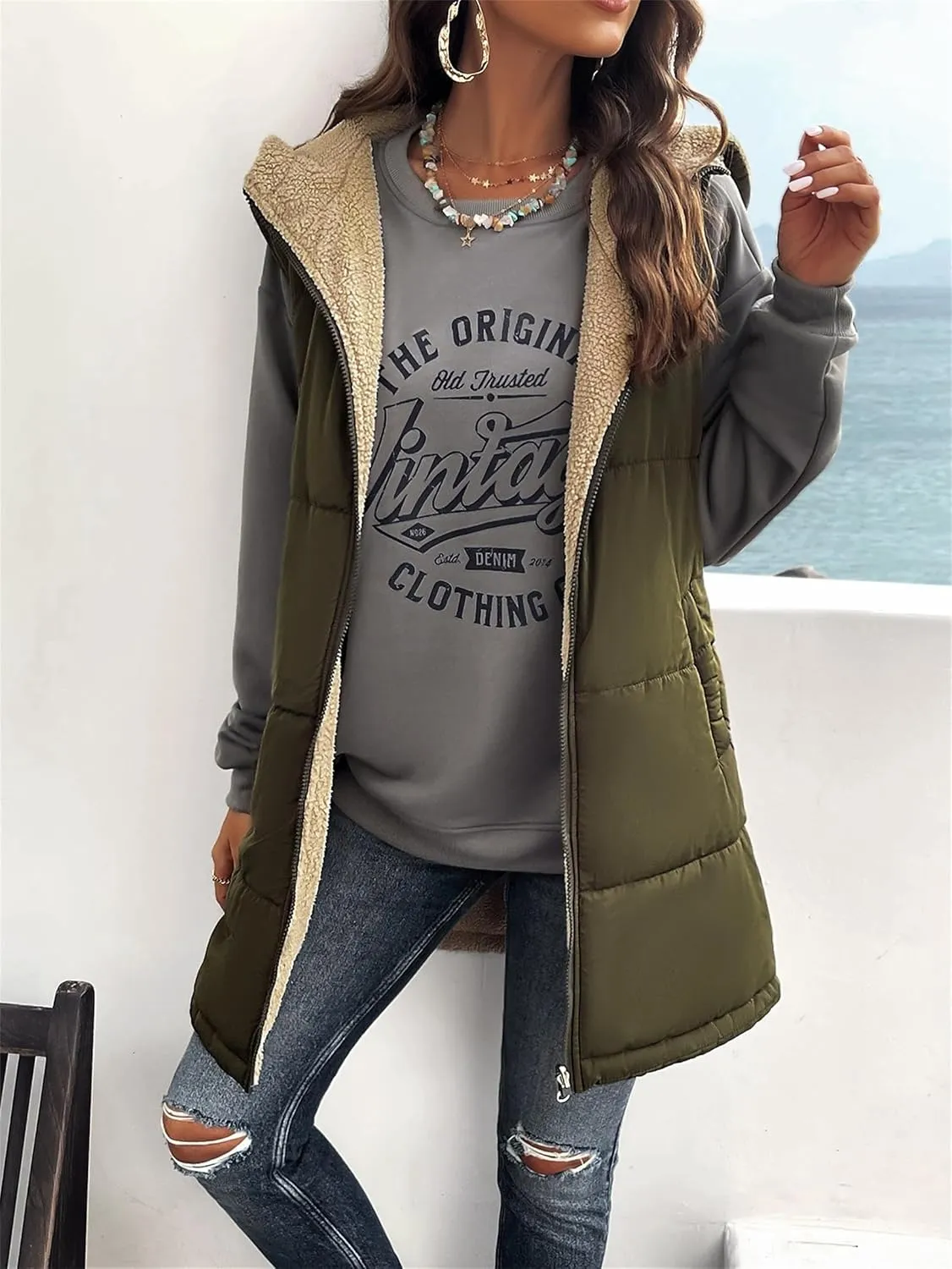 Womens Long Vest Zip Up Hoodie Pockets Long Warm Winter Coat Outerwear Womens Fall Vests Winter Coat