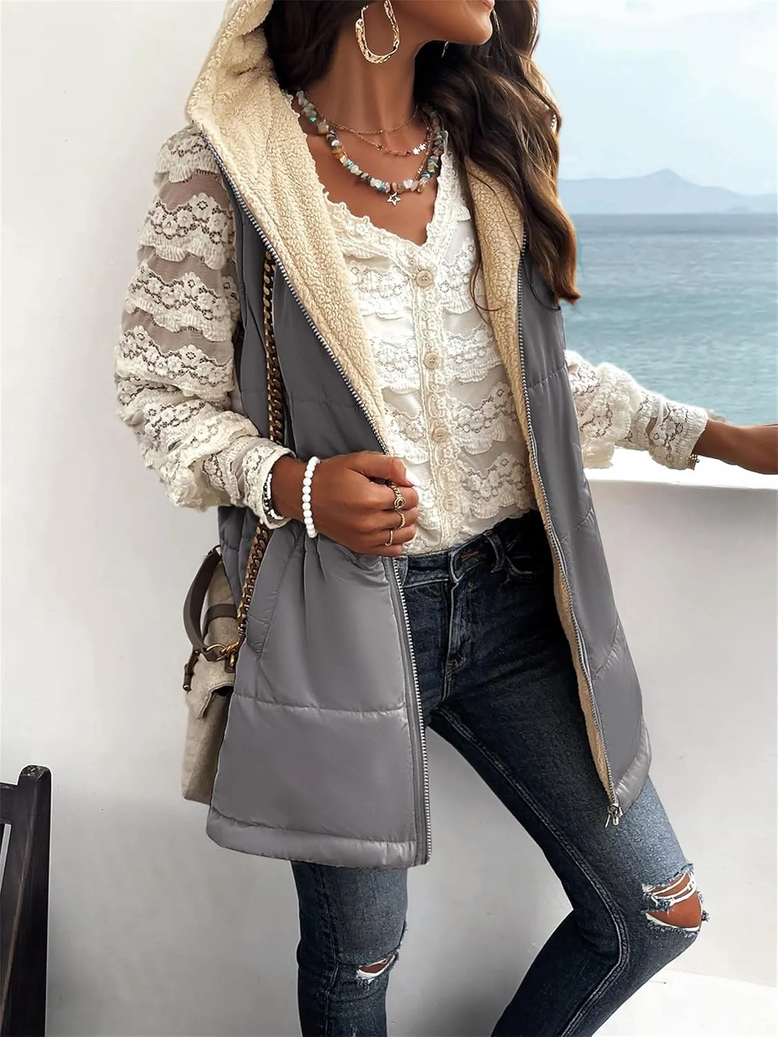 Womens Long Vest Zip Up Hoodie Pockets Long Warm Winter Coat Outerwear Womens Fall Vests Winter Coat