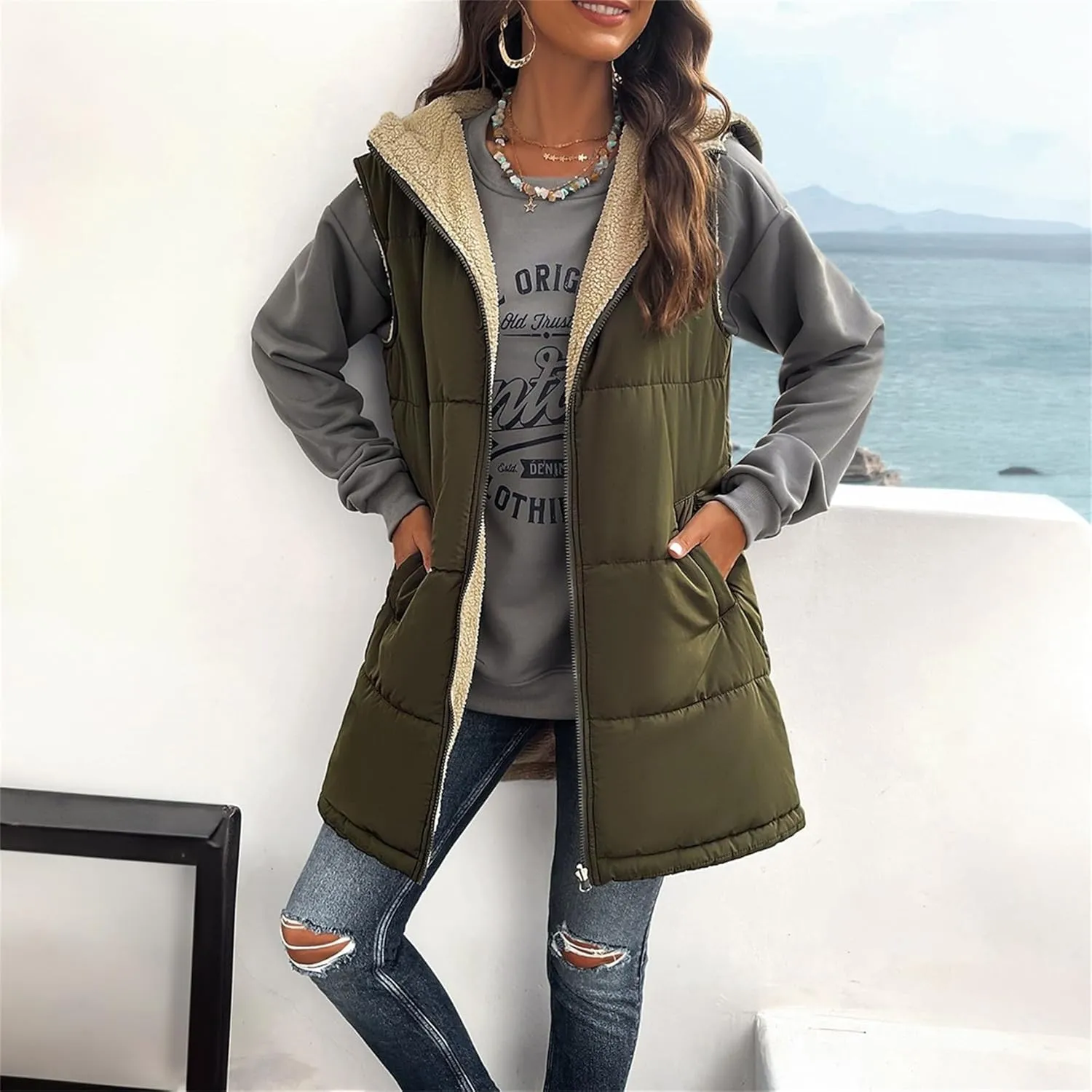 Womens Long Vest Zip Up Hoodie Pockets Long Warm Winter Coat Outerwear Womens Fall Vests Winter Coat