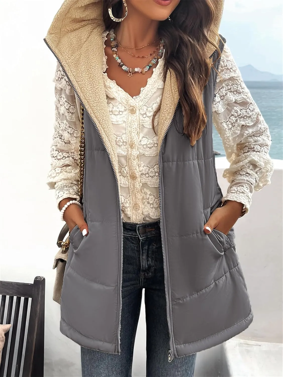 Womens Long Vest Zip Up Hoodie Pockets Long Warm Winter Coat Outerwear Womens Fall Vests Winter Coat