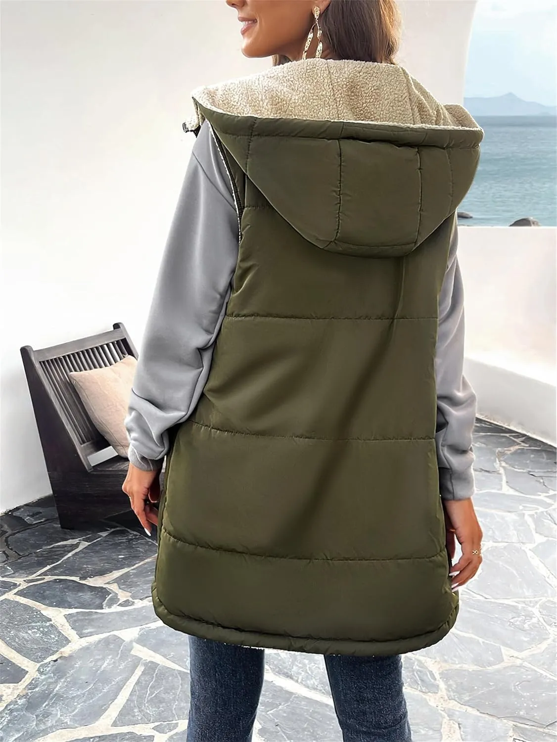 Womens Long Vest Zip Up Hoodie Pockets Long Warm Winter Coat Outerwear Womens Fall Vests Winter Coat