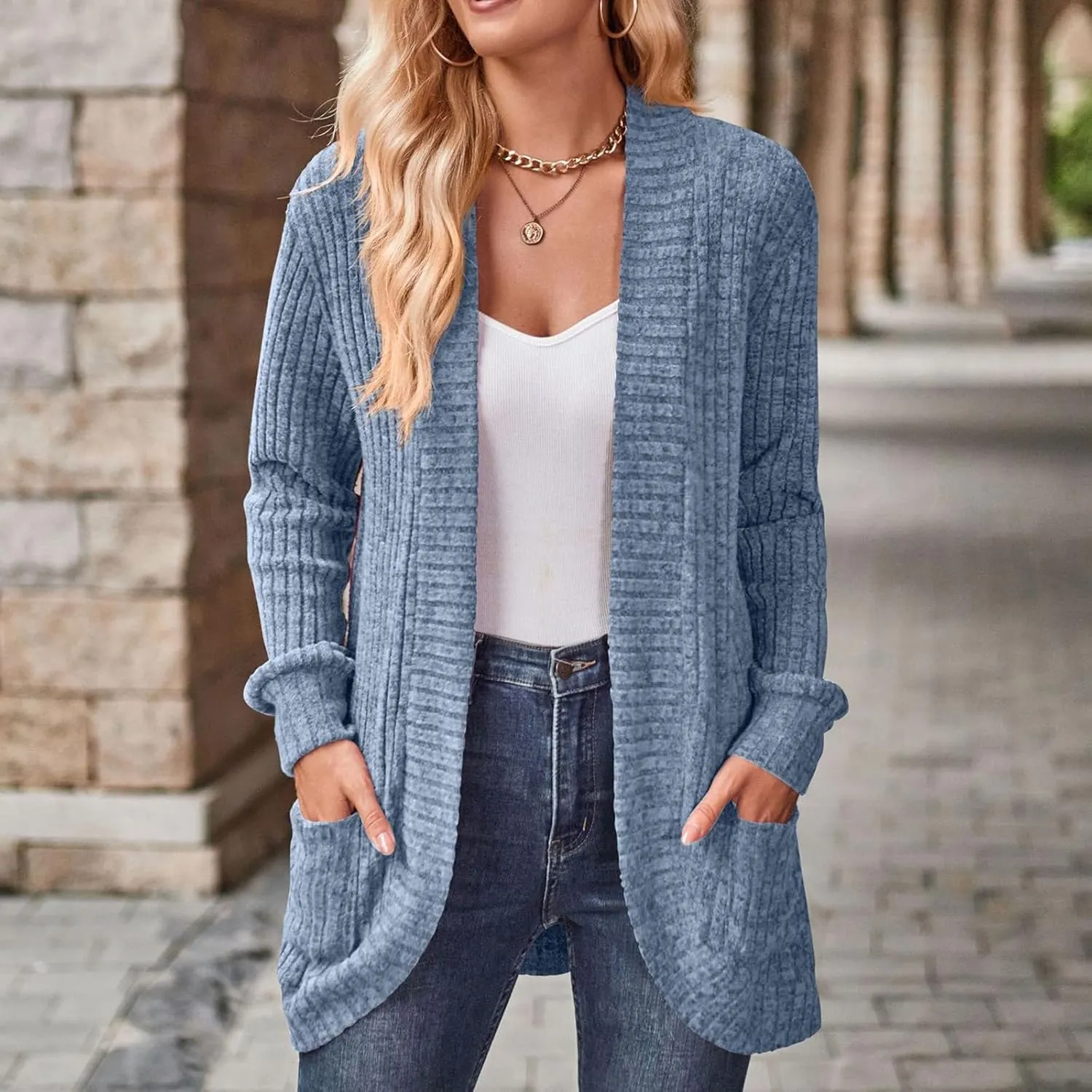 Womens Loose Fashion Casual Open Front Long Sleeve Chunky Cardigan Coat With Pocket Neck Cardigan Womens Coat