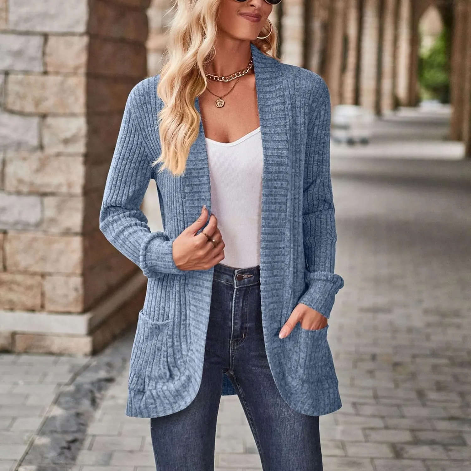 Womens Loose Fashion Casual Open Front Long Sleeve Chunky Cardigan Coat With Pocket Neck Cardigan Womens Coat