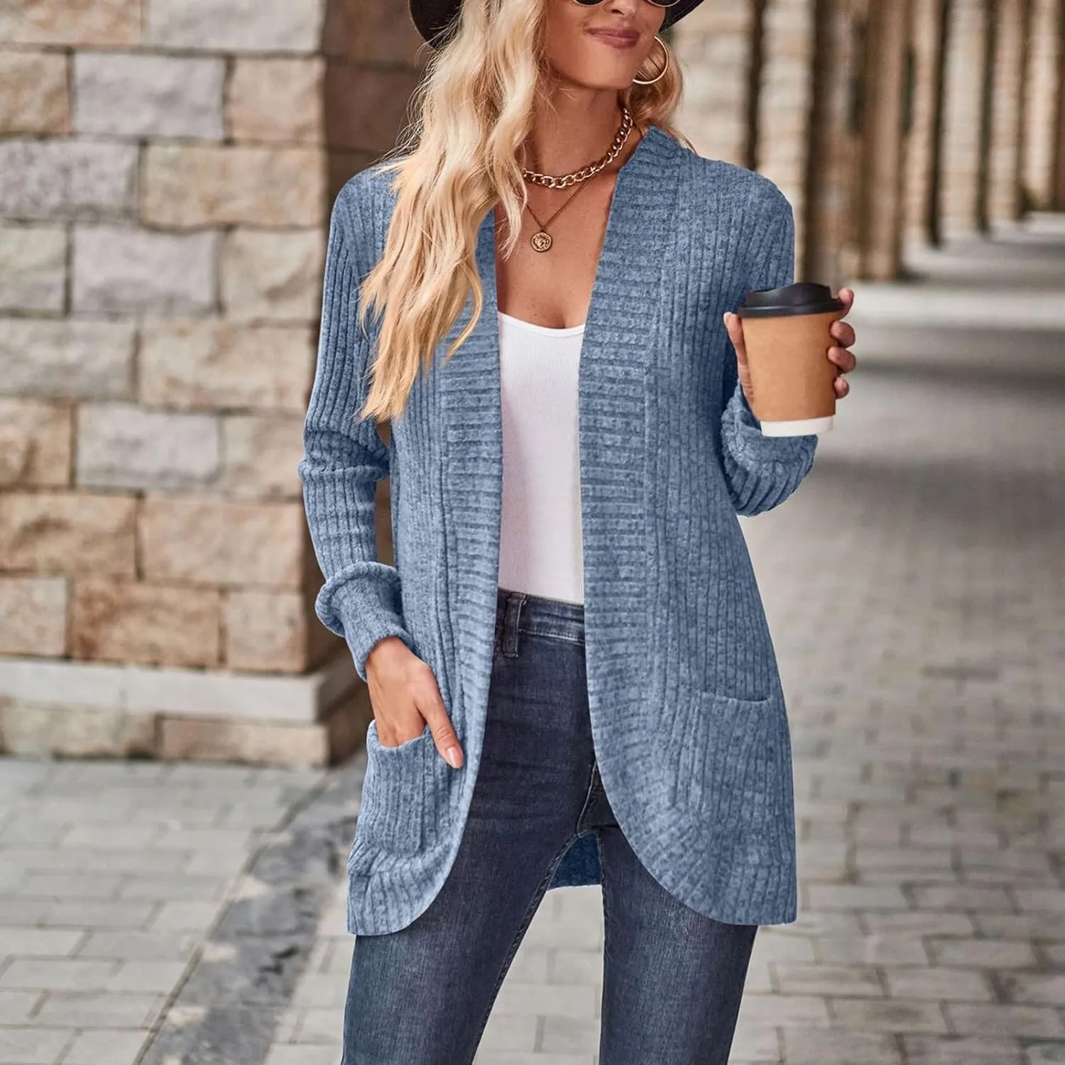 Womens Loose Fashion Casual Open Front Long Sleeve Chunky Cardigan Coat With Pocket Neck Cardigan Womens Coat