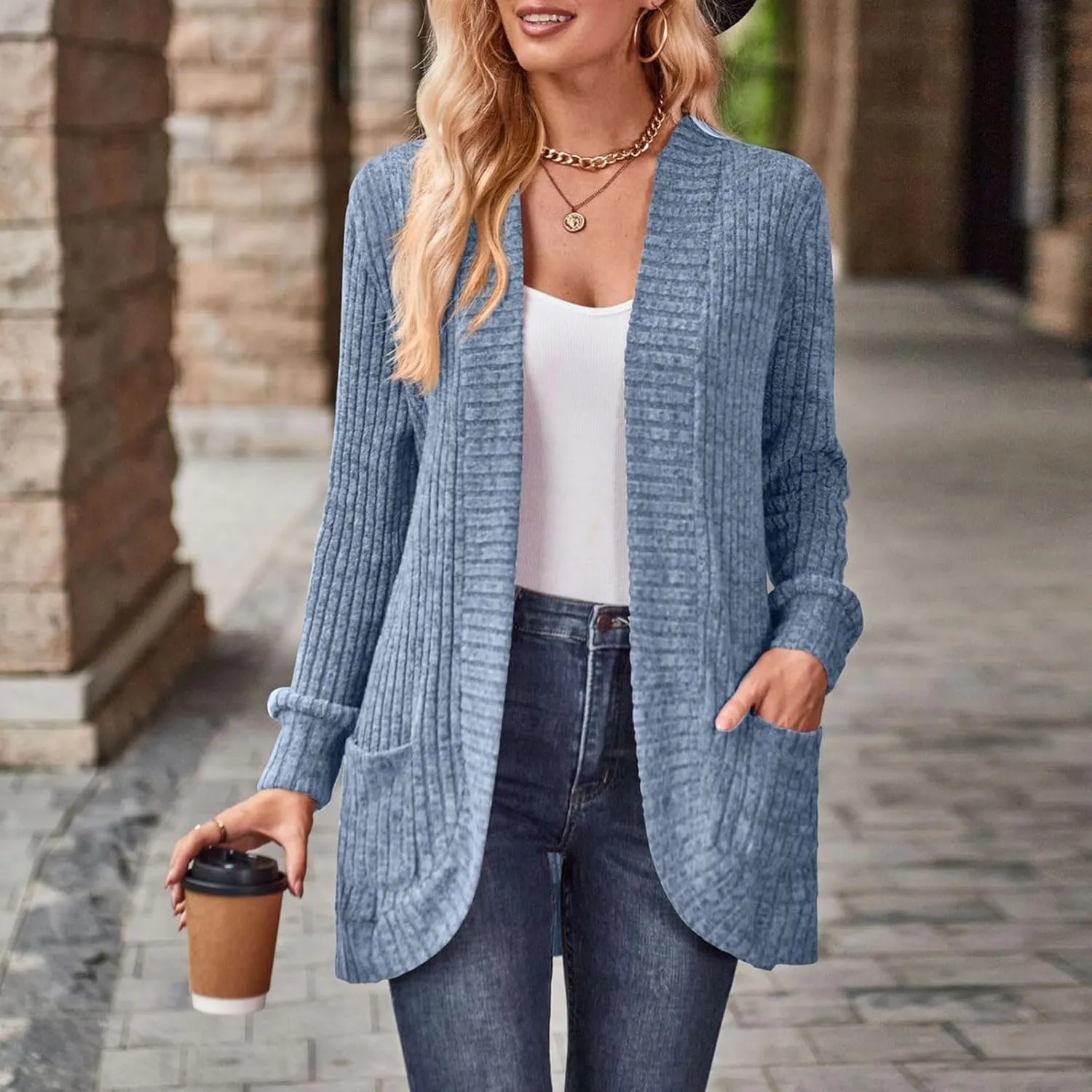 Womens Loose Fashion Casual Open Front Long Sleeve Chunky Cardigan Coat With Pocket Neck Cardigan Womens Coat