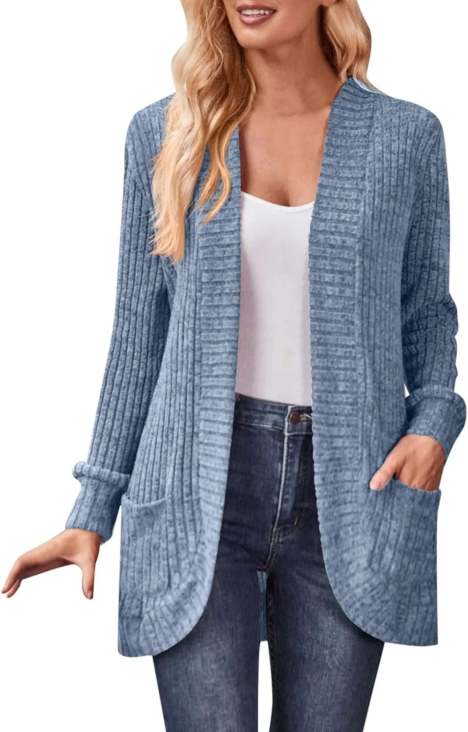 Womens Loose Fashion Casual Open Front Long Sleeve Chunky Cardigan Coat With Pocket Neck Cardigan Womens Coat