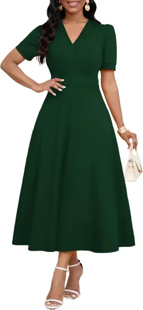 Womens Midi Dresses V Neck Cocktail Church Tea Dresses Short Sleeve A-Line Swing Dresses