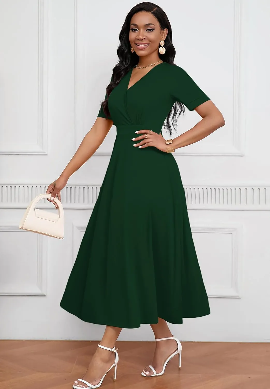 Womens Midi Dresses V Neck Cocktail Church Tea Dresses Short Sleeve A-Line Swing Dresses