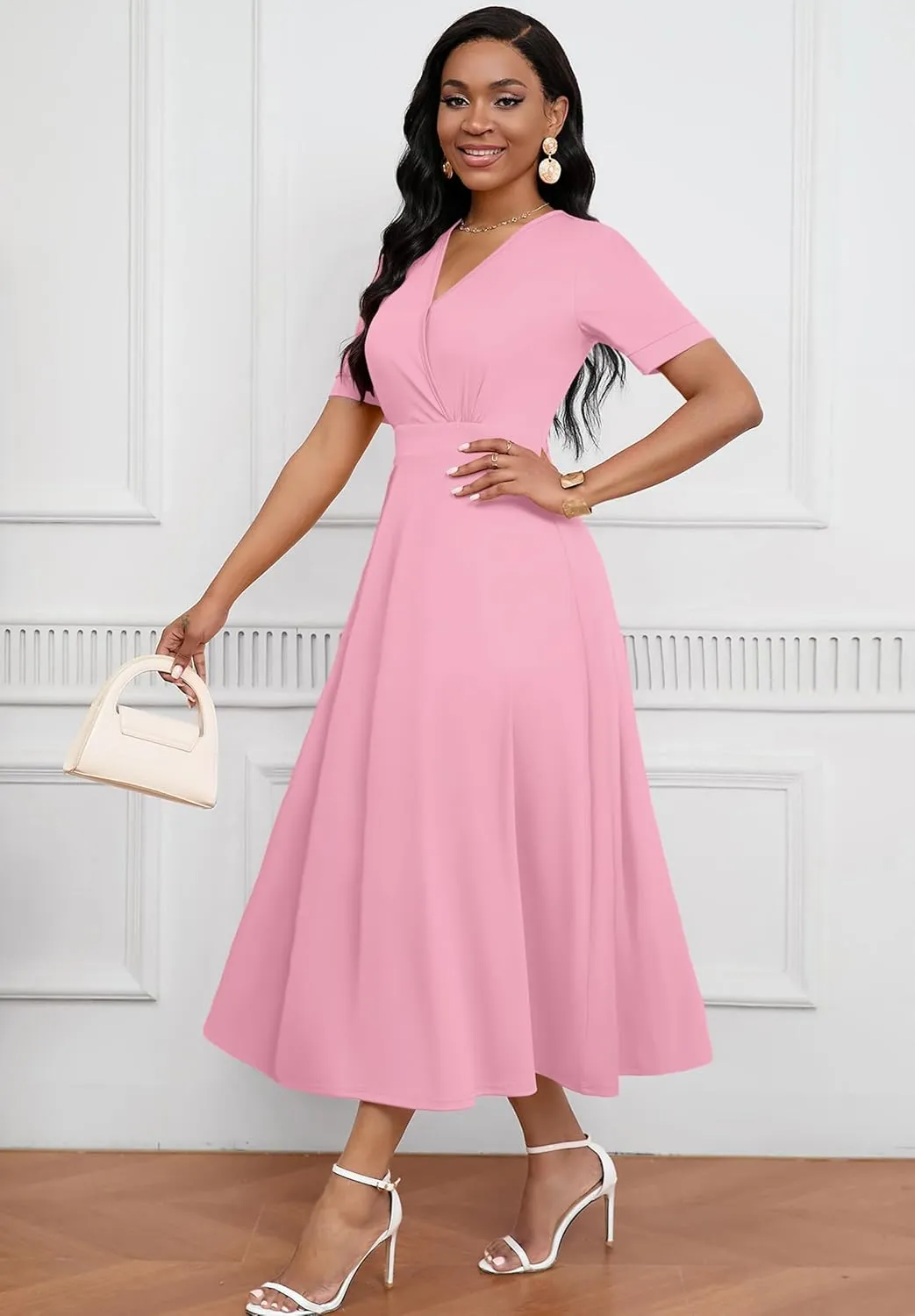 Womens Midi Dresses V Neck Cocktail Church Tea Dresses Short Sleeve A-Line Swing Dresses