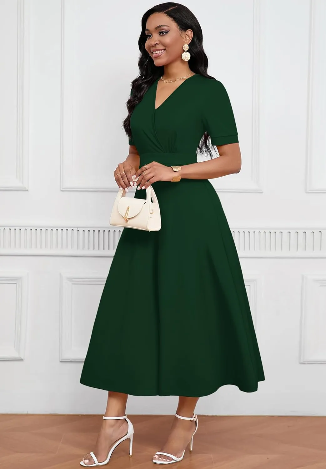 Womens Midi Dresses V Neck Cocktail Church Tea Dresses Short Sleeve A-Line Swing Dresses