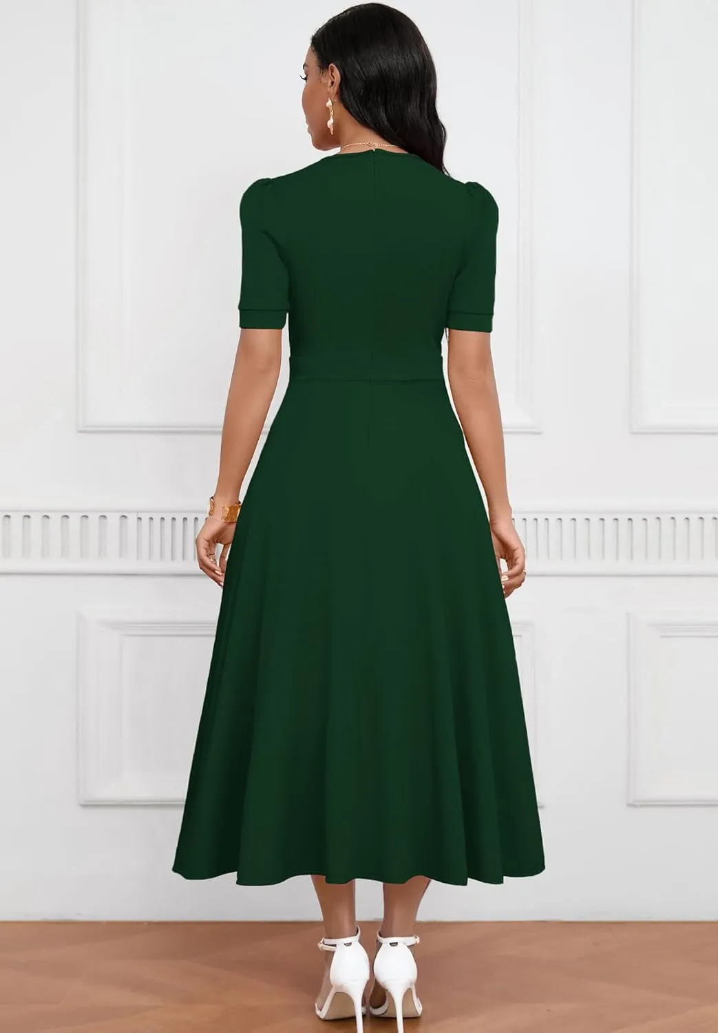 Womens Midi Dresses V Neck Cocktail Church Tea Dresses Short Sleeve A-Line Swing Dresses