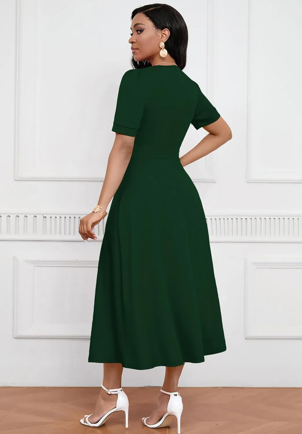 Womens Midi Dresses V Neck Cocktail Church Tea Dresses Short Sleeve A-Line Swing Dresses