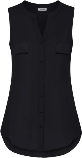 Womens Notch V Neck Sleeveless Chiffon Blouse Shirts