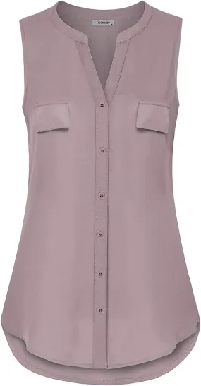 Womens Notch V Neck Sleeveless Chiffon Blouse Shirts