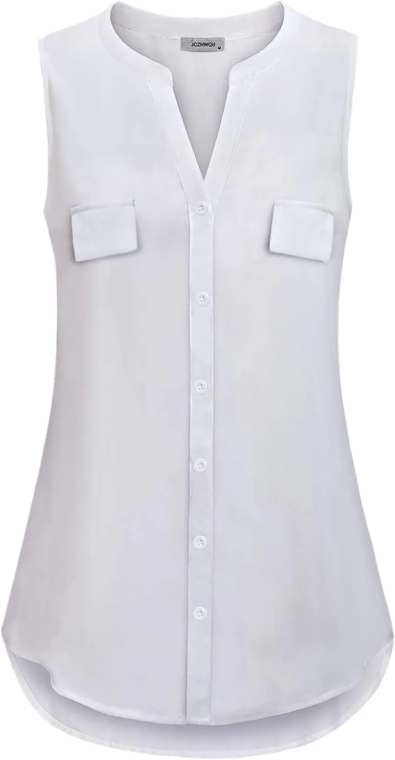 Womens Notch V Neck Sleeveless Chiffon Blouse Shirts