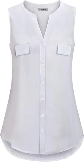 Womens Notch V Neck Sleeveless Chiffon Blouse Shirts