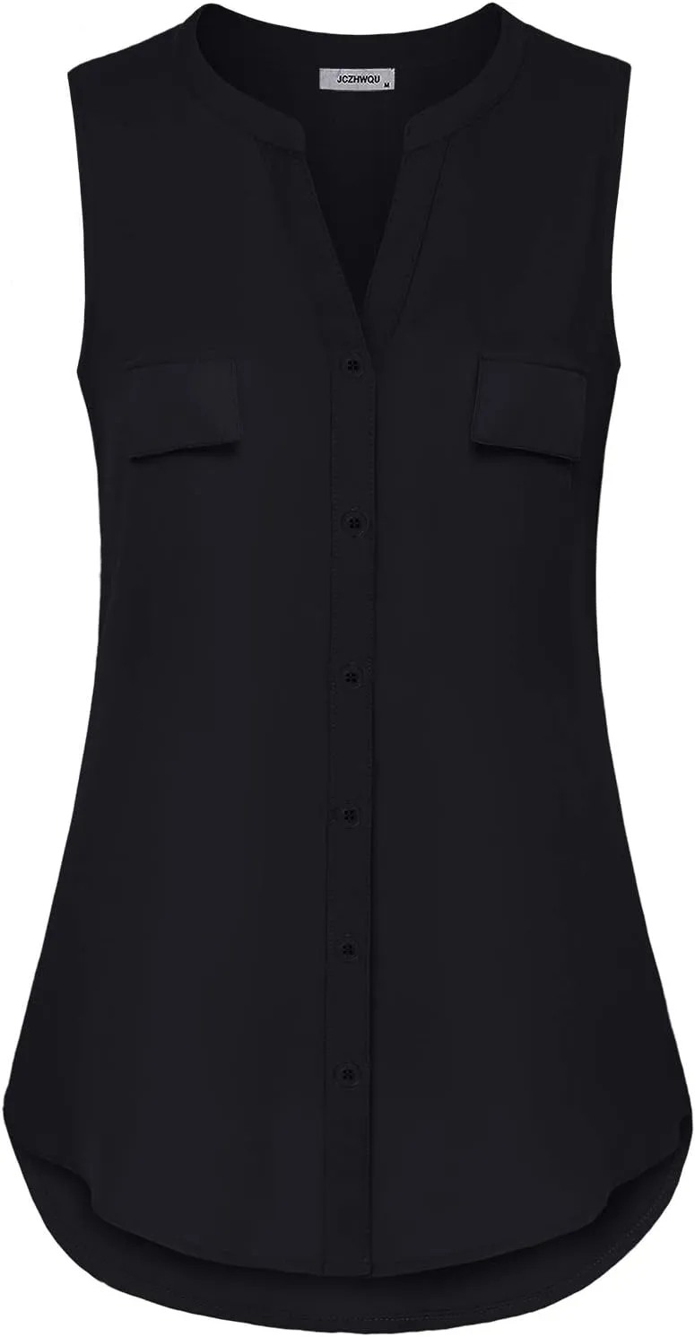 Womens Notch V Neck Sleeveless Chiffon Blouse Shirts
