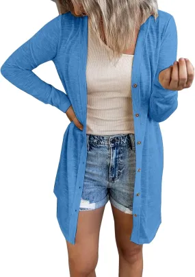 Womens Open Front Lightweight Long Cardigan for Womens Plus Size Button Down Loose Solid Outerwear with Pockets