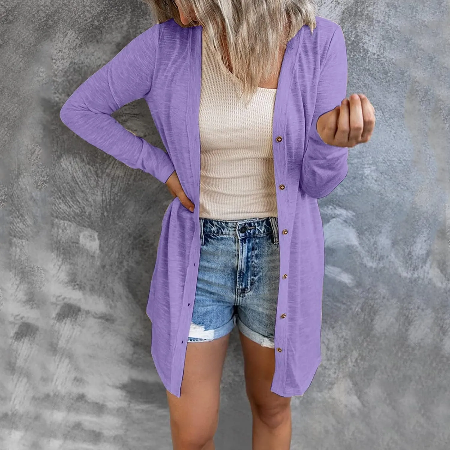 Womens Open Front Lightweight Long Cardigan for Womens Plus Size Button Down Loose Solid Outerwear with Pockets