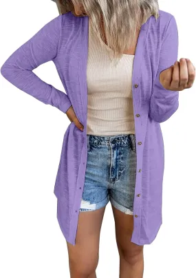 Womens Open Front Lightweight Long Cardigan for Womens Plus Size Button Down Loose Solid Outerwear with Pockets