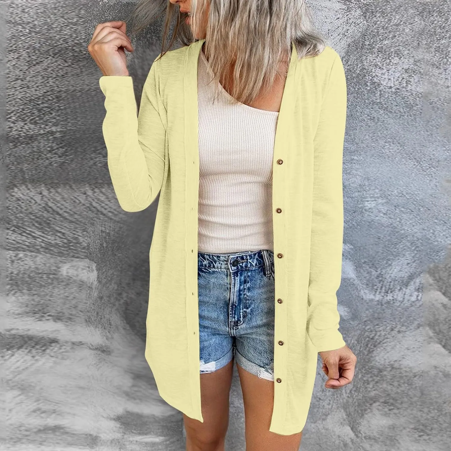 Womens Open Front Lightweight Long Cardigan for Womens Plus Size Button Down Loose Solid Outerwear with Pockets