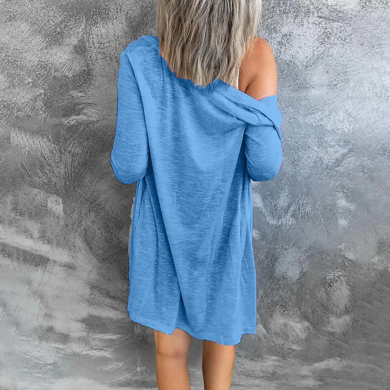 Womens Open Front Lightweight Long Cardigan for Womens Plus Size Button Down Loose Solid Outerwear with Pockets