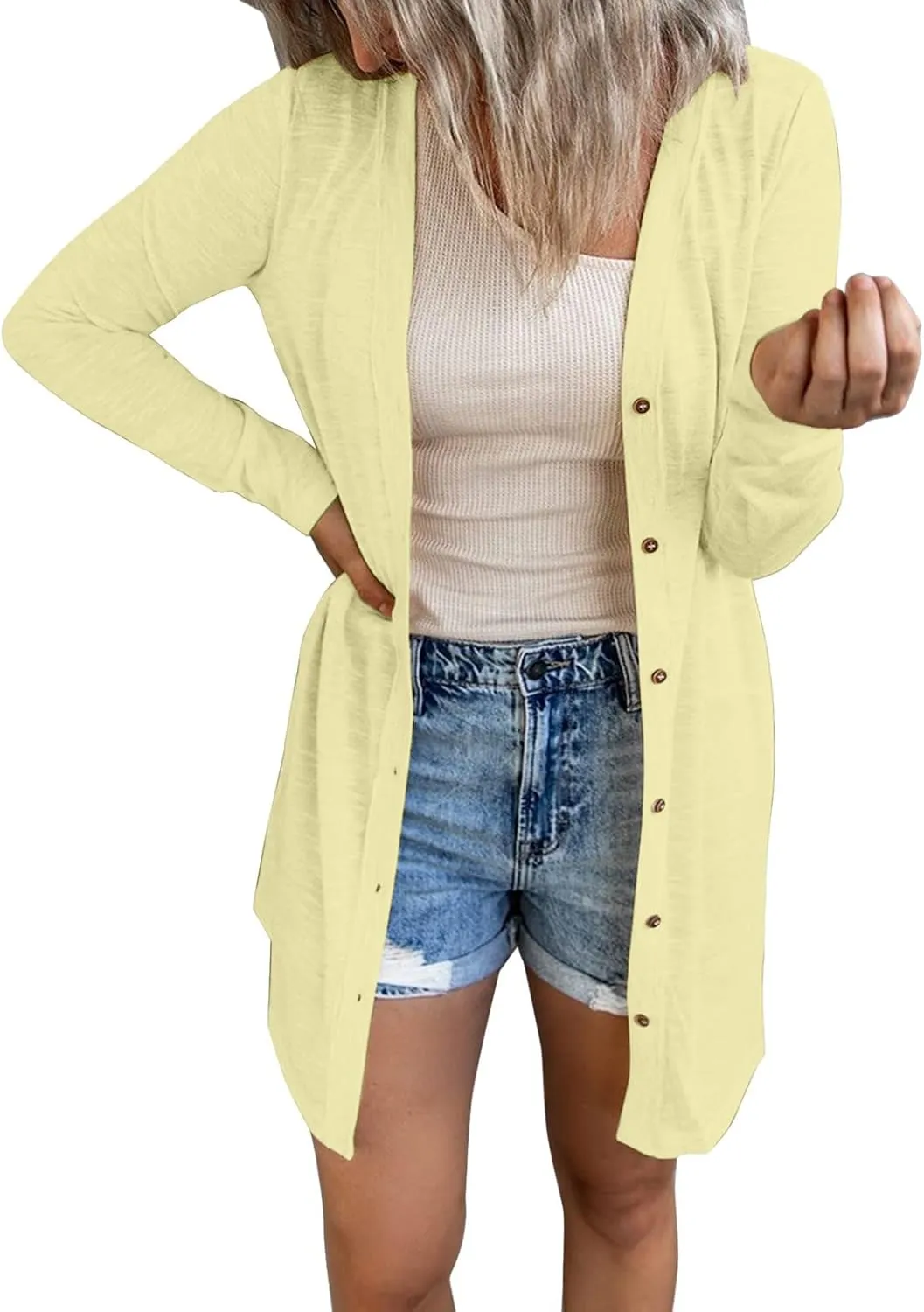 Womens Open Front Lightweight Long Cardigan for Womens Plus Size Button Down Loose Solid Outerwear with Pockets