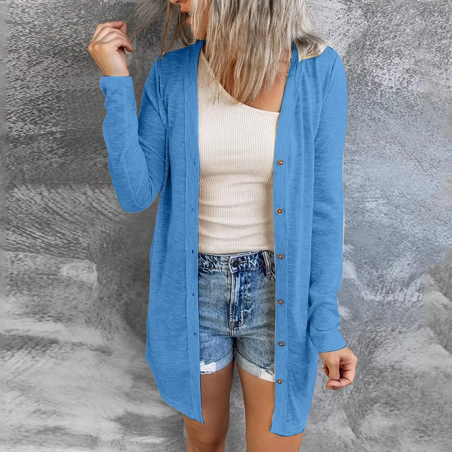 Womens Open Front Lightweight Long Cardigan for Womens Plus Size Button Down Loose Solid Outerwear with Pockets