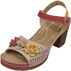 Women's Open Toe Low Block Heels Sandals Fish Mouth Thick Heel Women's Shoes Fashionable Casual Flower Decoration Color