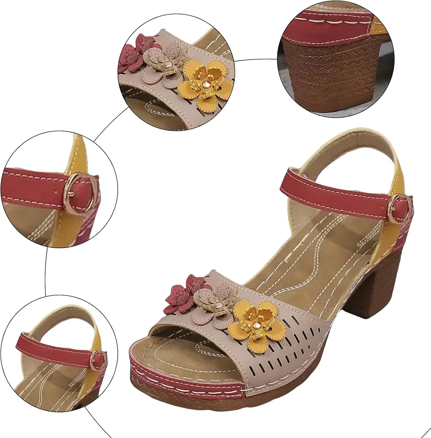 Women's Open Toe Low Block Heels Sandals Fish Mouth Thick Heel Women's Shoes Fashionable Casual Flower Decoration Color