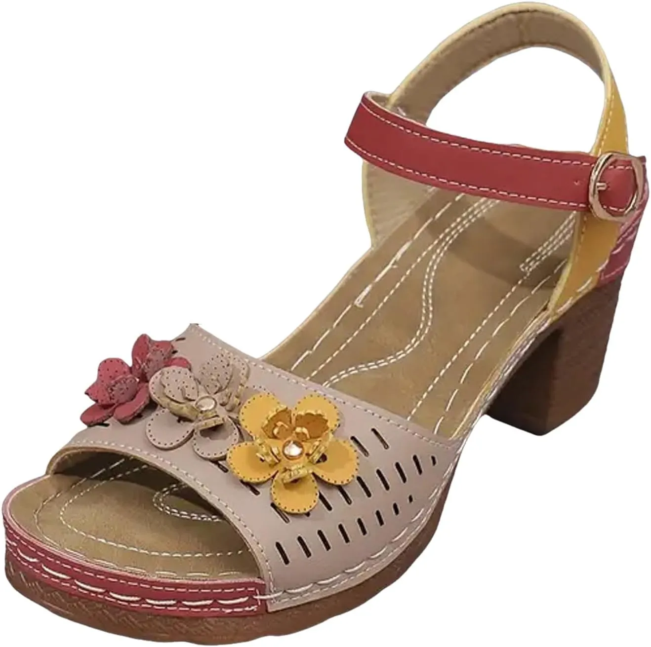 Women's Open Toe Low Block Heels Sandals Fish Mouth Thick Heel Women's Shoes Fashionable Casual Flower Decoration Color