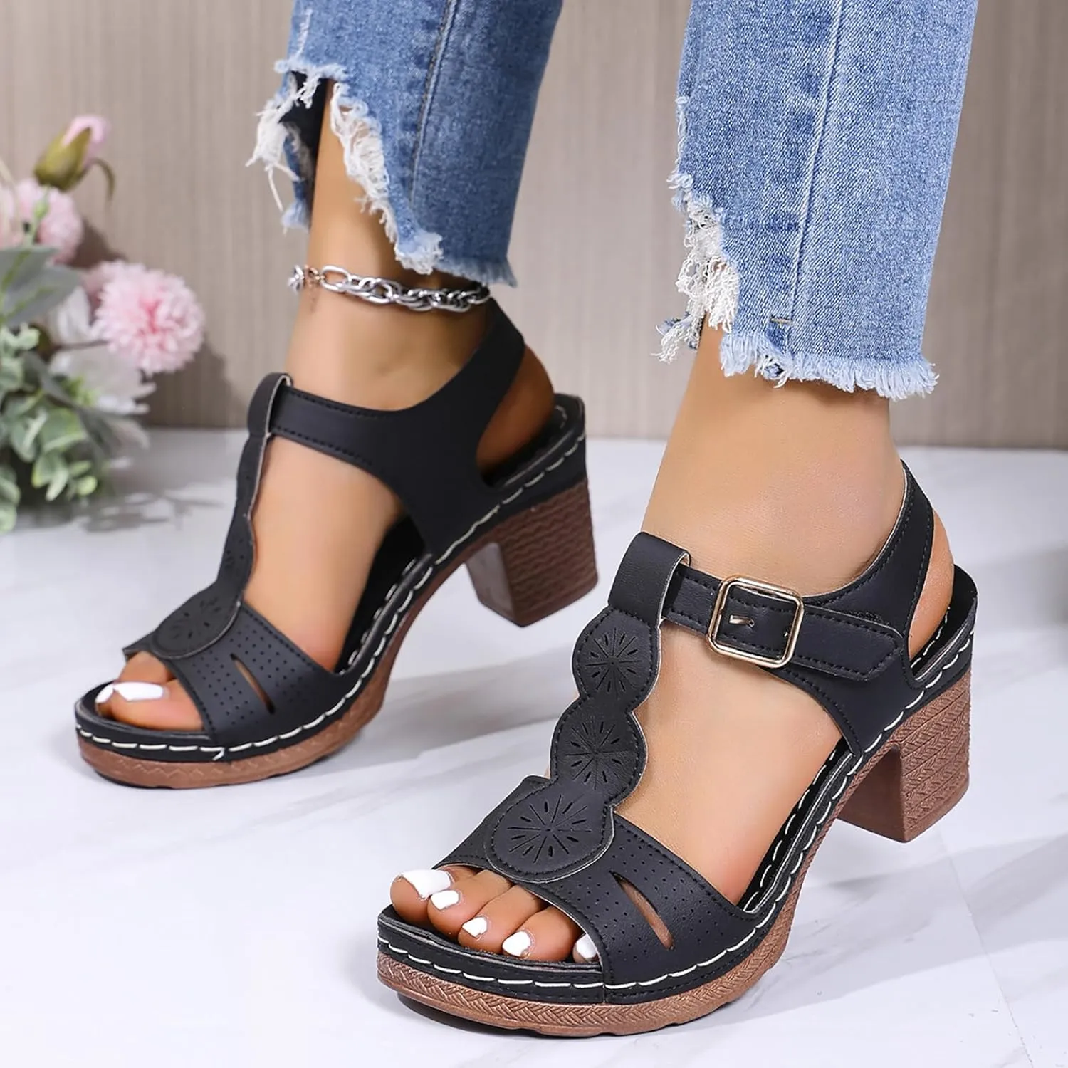 Women's Open Toe Low Block Heels Sandals Womens Thick Heeled Sandals; Large Size Summer Leisure New