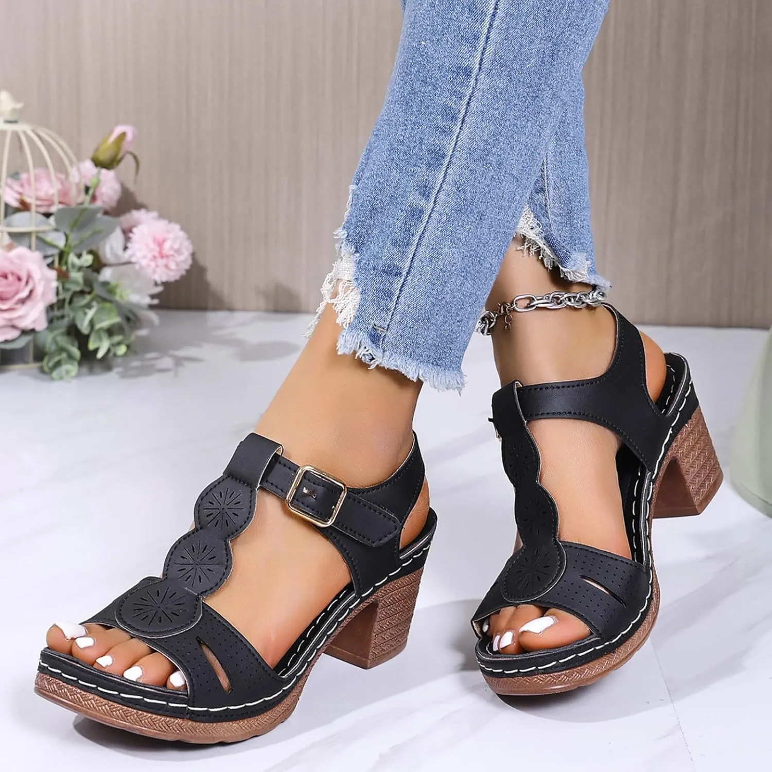Women's Open Toe Low Block Heels Sandals Womens Thick Heeled Sandals; Large Size Summer Leisure New