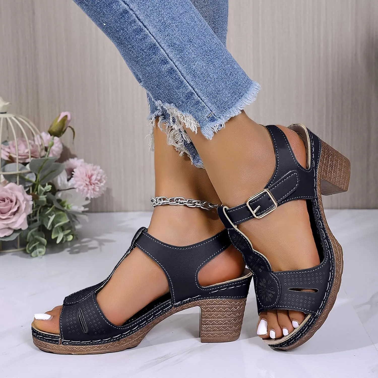 Women's Open Toe Low Block Heels Sandals Womens Thick Heeled Sandals; Large Size Summer Leisure New
