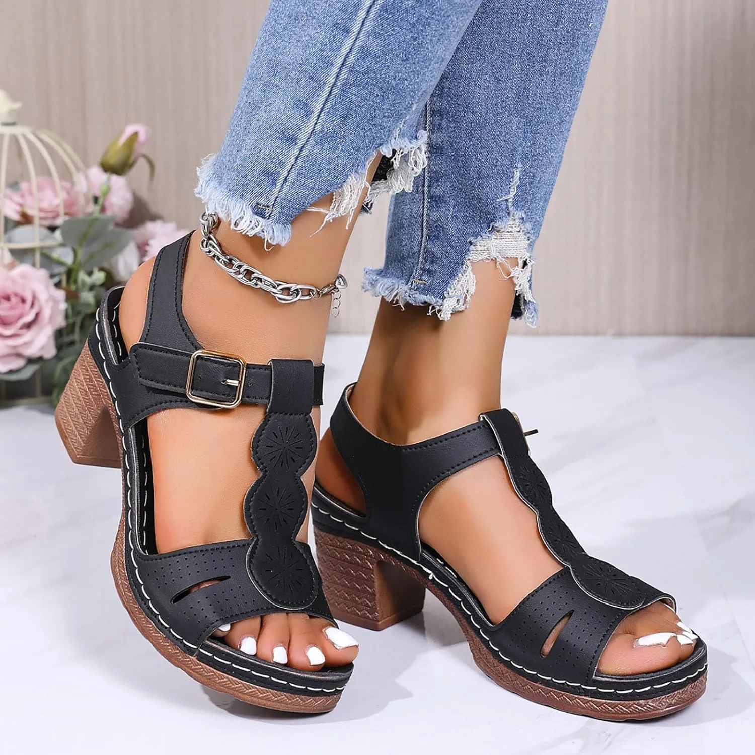 Women's Open Toe Low Block Heels Sandals Womens Thick Heeled Sandals; Large Size Summer Leisure New
