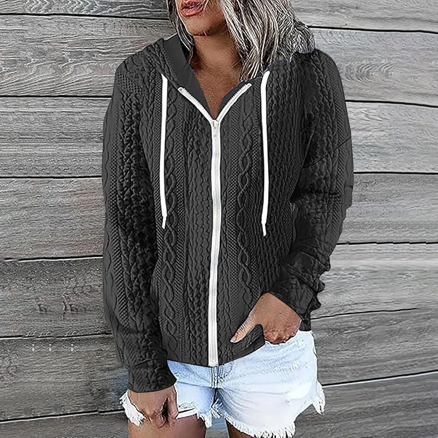 Womens Oversized Hoodies Zip Up Long Sleeve Drawstring Sweatshirt Lightweight Texture Jacket with Pocket 2024