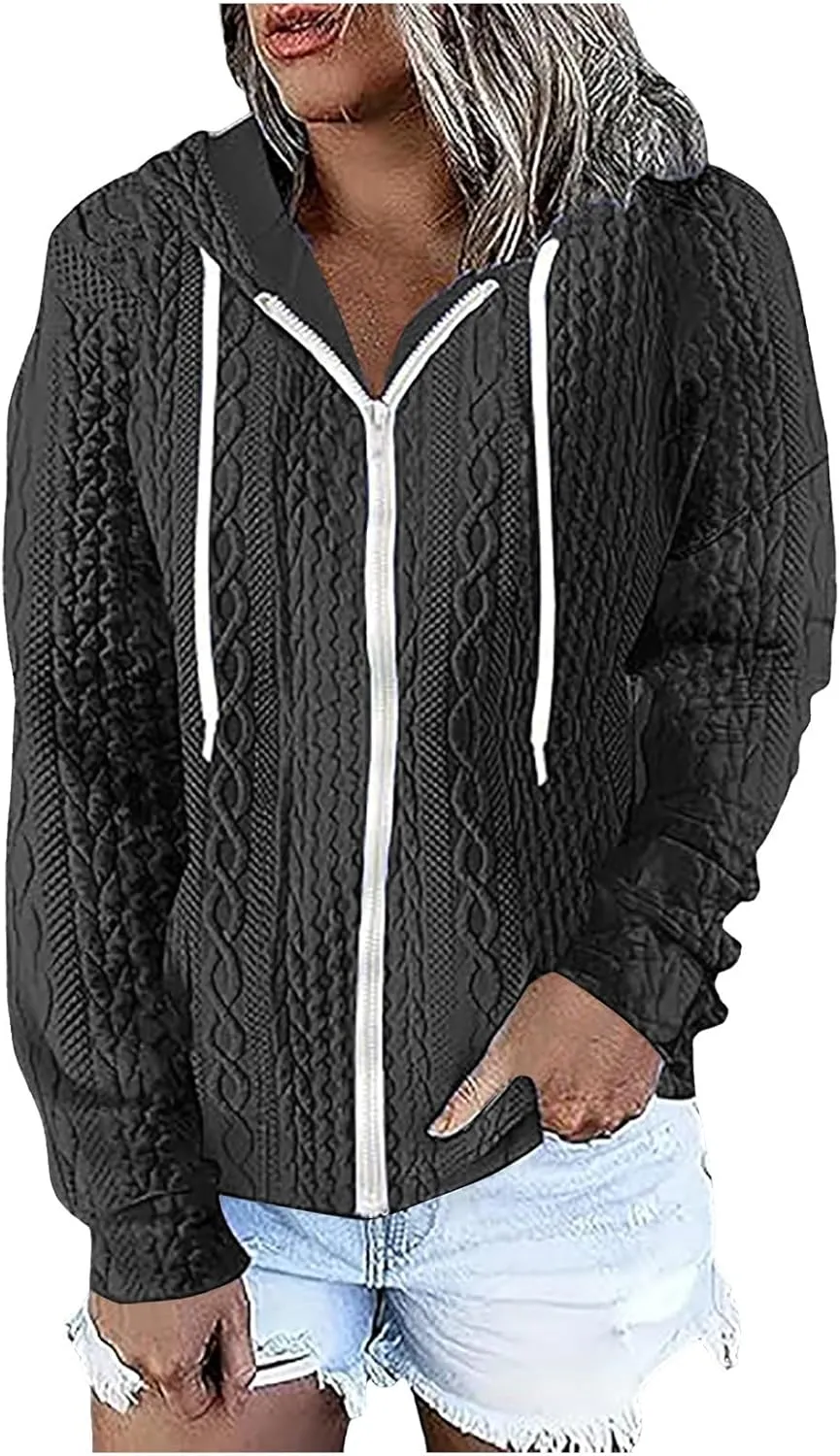 Womens Oversized Hoodies Zip Up Long Sleeve Drawstring Sweatshirt Lightweight Texture Jacket with Pocket 2024