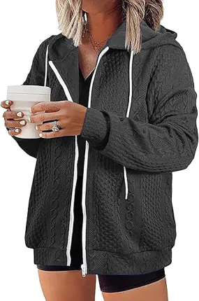 Womens Oversized Hoodies Zip Up Long Sleeve Drawstring Sweatshirt Lightweight Texture Jacket with Pocket 2024
