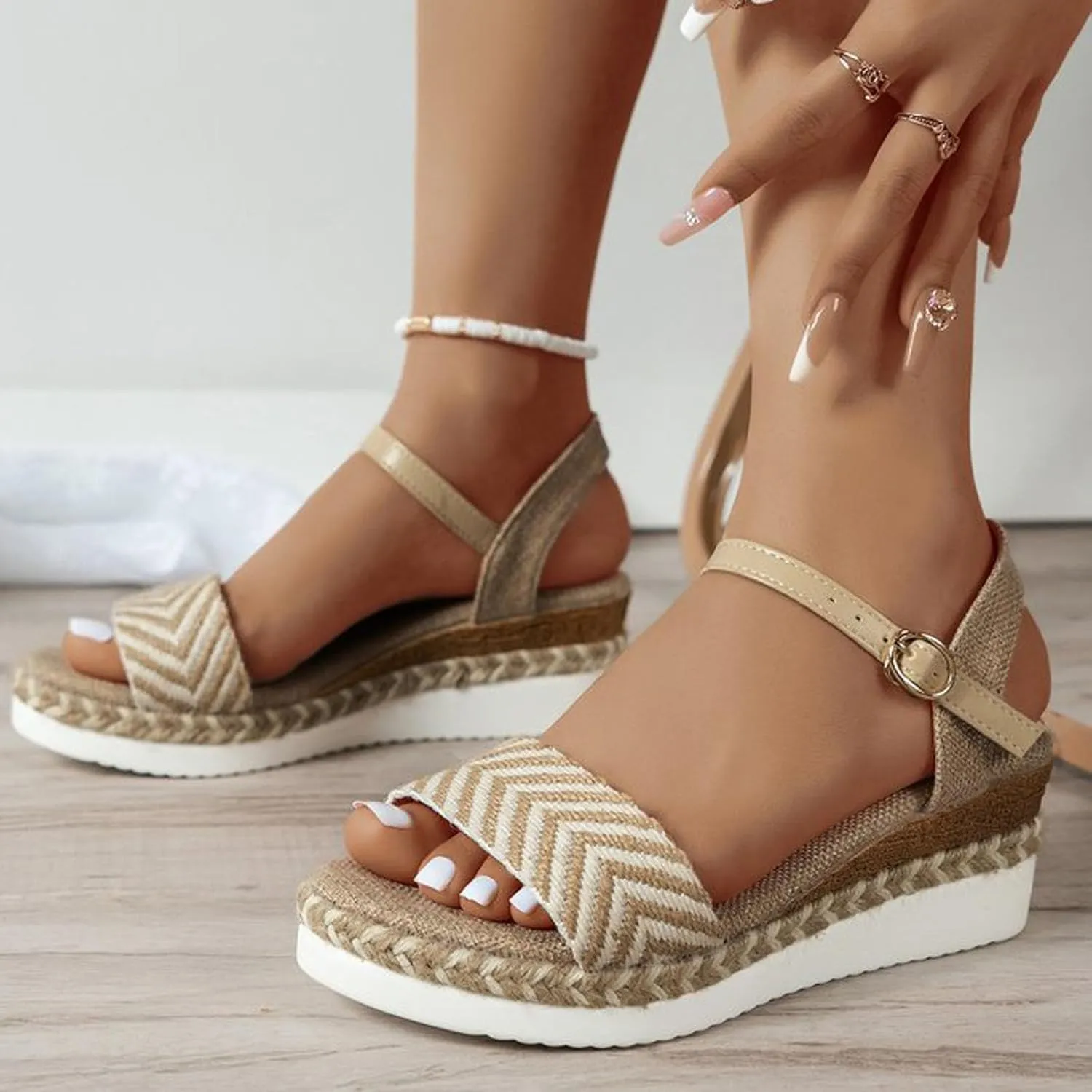 Womens Platform Sandals Elastic Ankle Strap Rhinestone Summer Platform Comfortable Low Wedges Womens Sandal