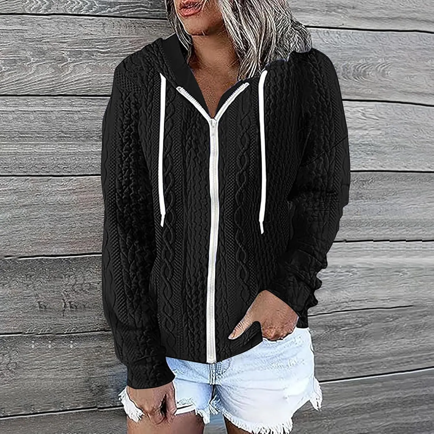 Womens Plus Size Hoodies Zip Up Sweatshirts Long Sleeve Textured Drawstring Zip Jackets Outwear with Pockets