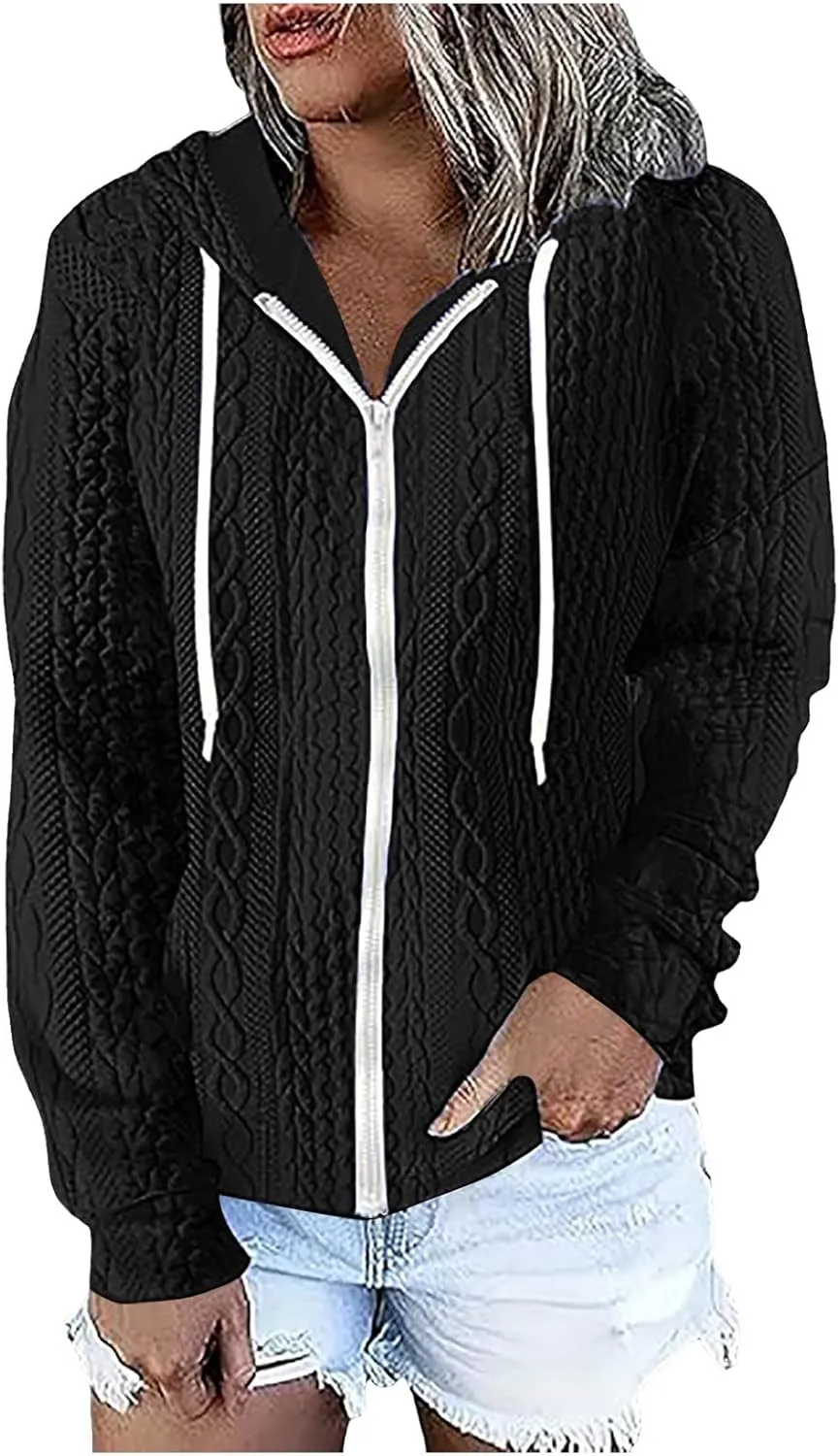 Womens Plus Size Hoodies Zip Up Sweatshirts Long Sleeve Textured Drawstring Zip Jackets Outwear with Pockets