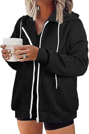 Womens Plus Size Hoodies Zip Up Sweatshirts Long Sleeve Textured Drawstring Zip Jackets Outwear with Pockets