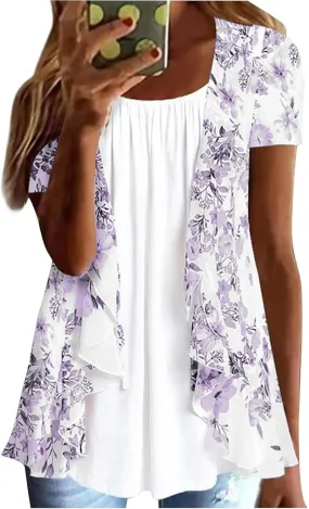 Womens Plus Size Summer Tunic Tops Fake Two Piece Loose Fit Pleated Layered Ruffle Blouse Shirt to Hide Belly