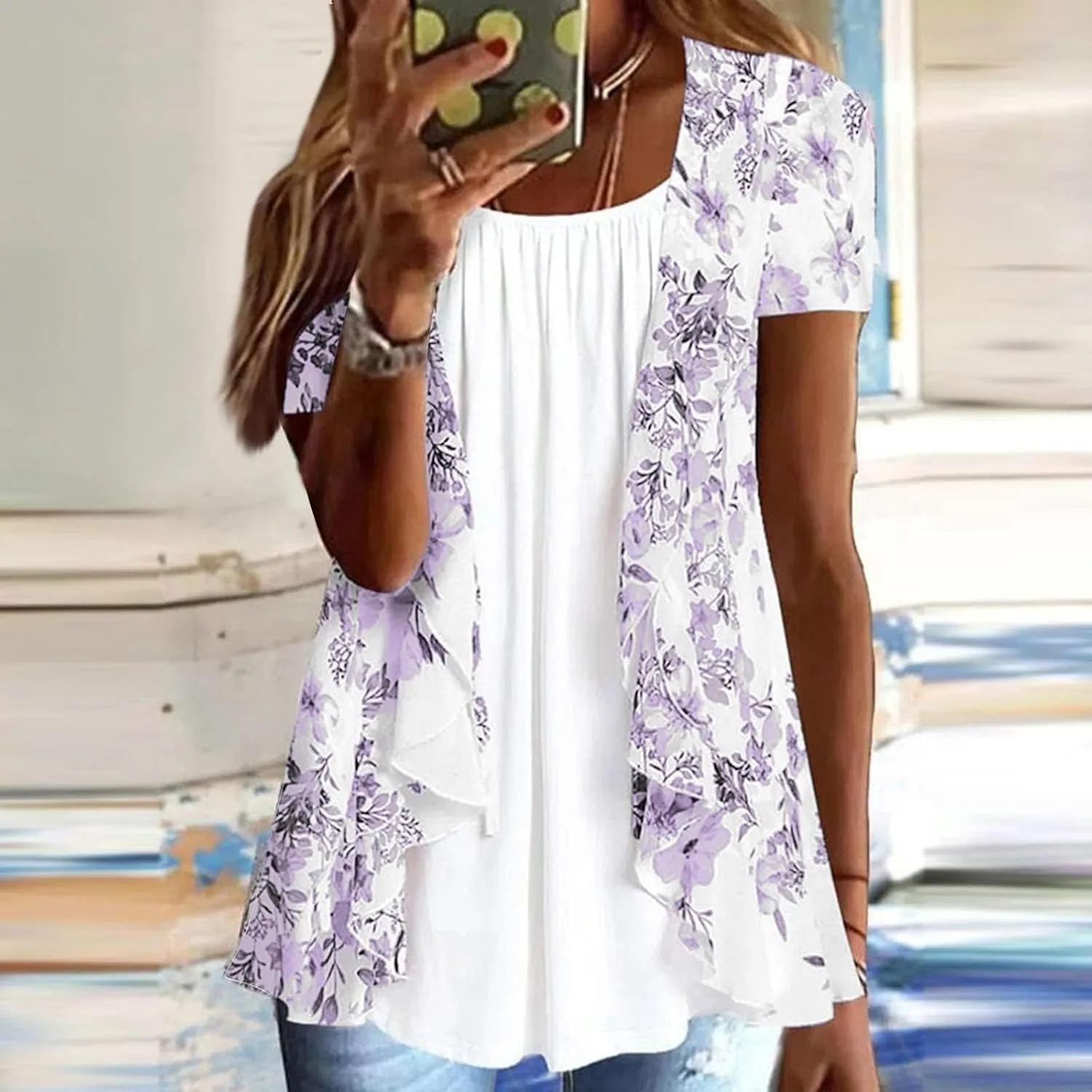 Womens Plus Size Summer Tunic Tops Fake Two Piece Loose Fit Pleated Layered Ruffle Blouse Shirt to Hide Belly