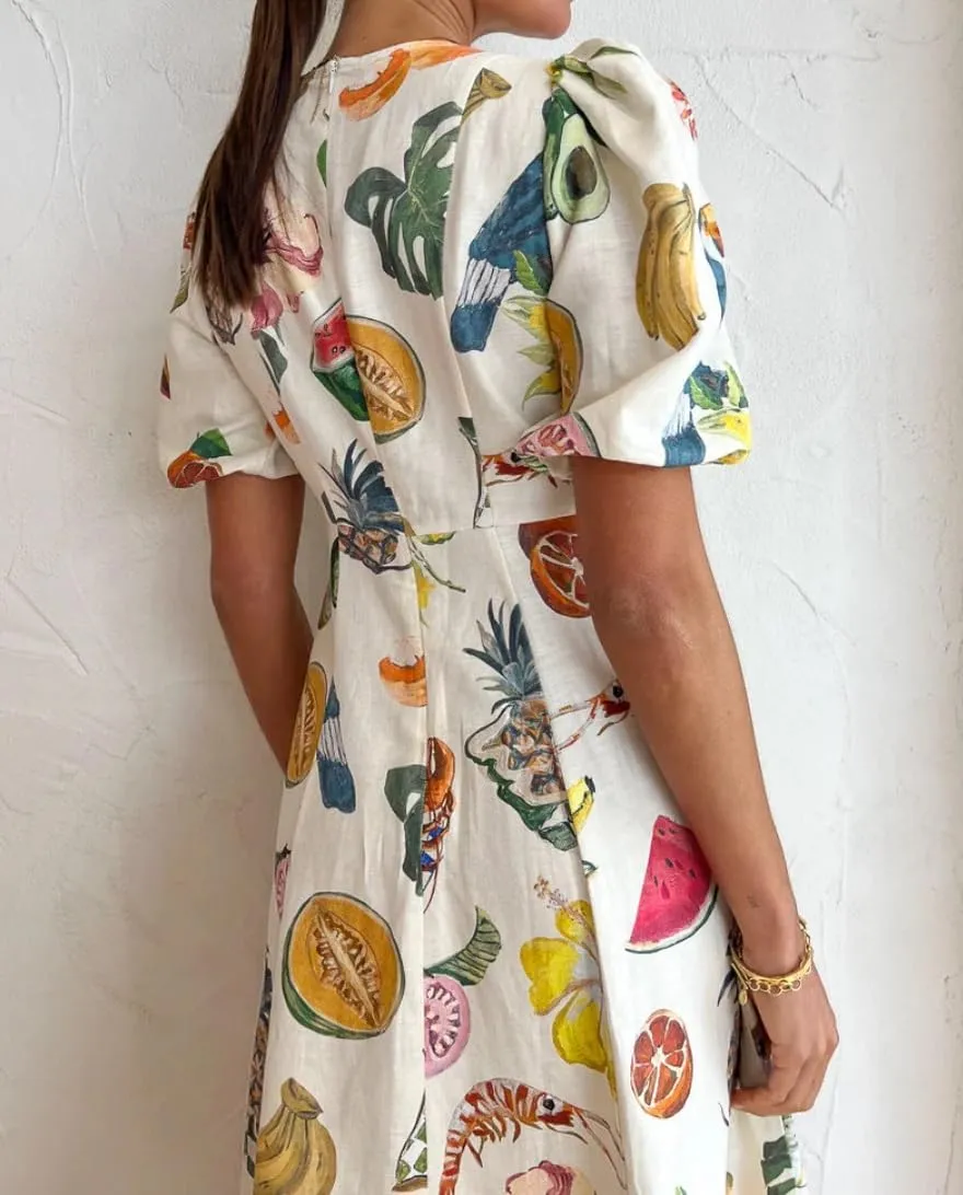 Womens Printed Boho Maxi Dress Womens Crew Neck Maxi Dresses Puff Sleeve A-line Dress Floral Dresses