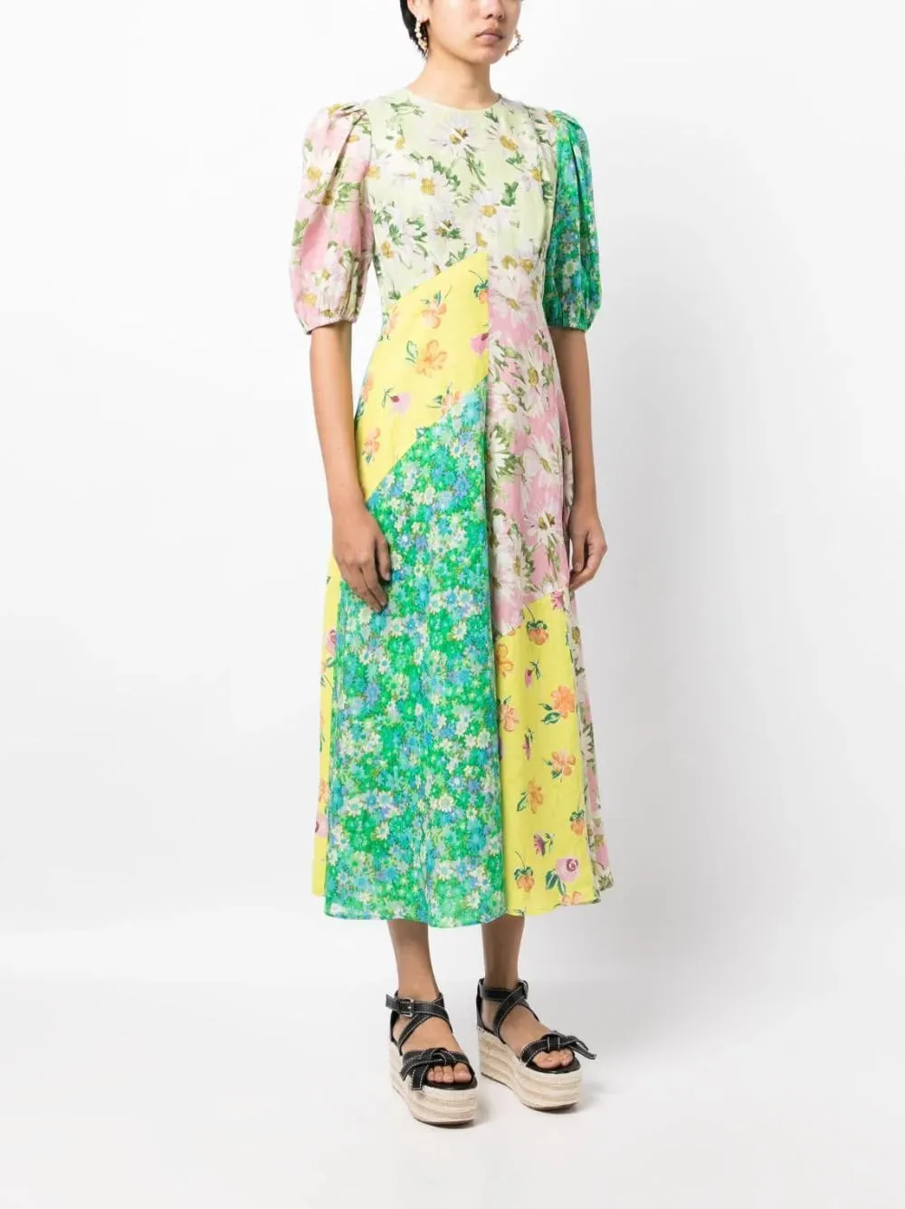 Womens Printed Boho Maxi Dress Womens Crew Neck Maxi Dresses Puff Sleeve A-line Dress Floral Dresses